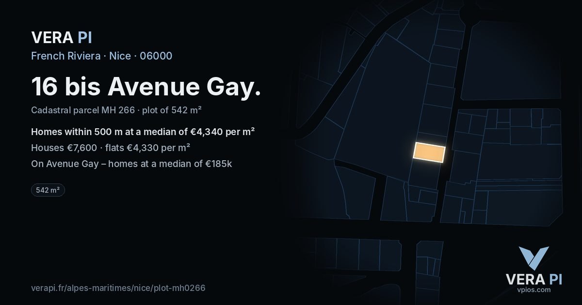 16 bis Avenue Gay, Nice at night – the plot lit, the parcels around coloured by the prices near them