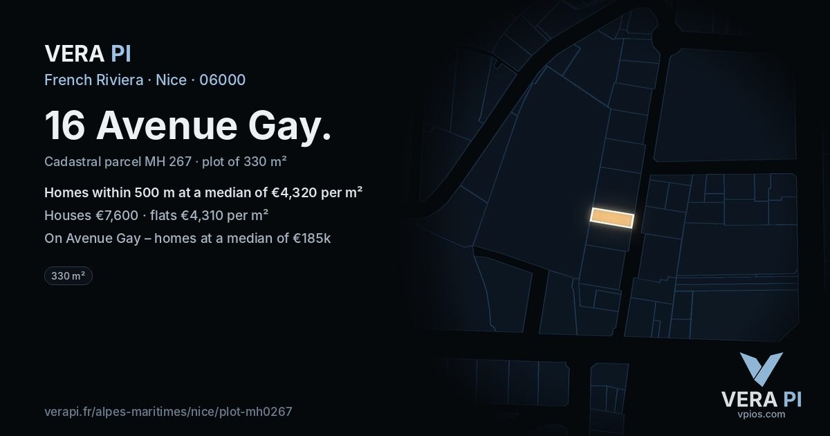 16 Avenue Gay, Nice at night – the plot lit, the parcels around coloured by the prices near them
