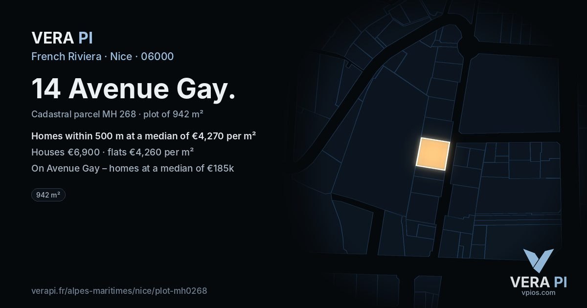 14 Avenue Gay, Nice at night – the plot lit, the parcels around coloured by the prices near them