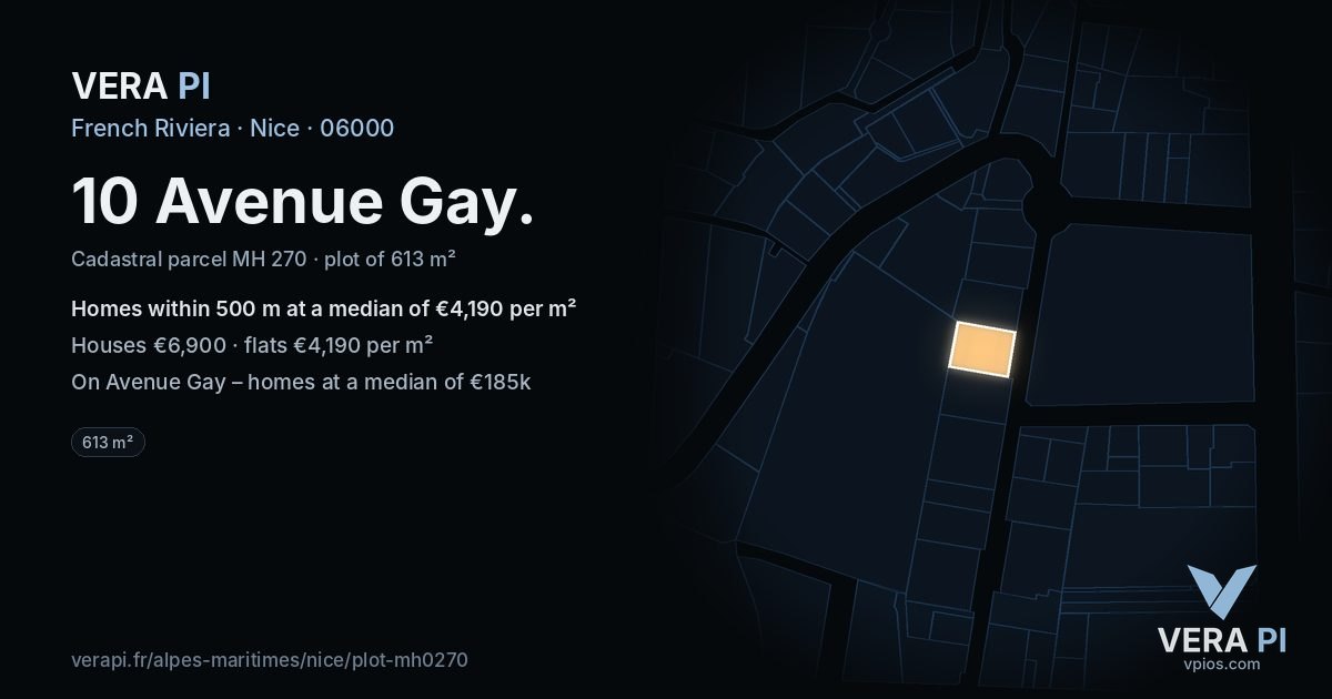 10 Avenue Gay, Nice at night – the plot lit, the parcels around coloured by the prices near them