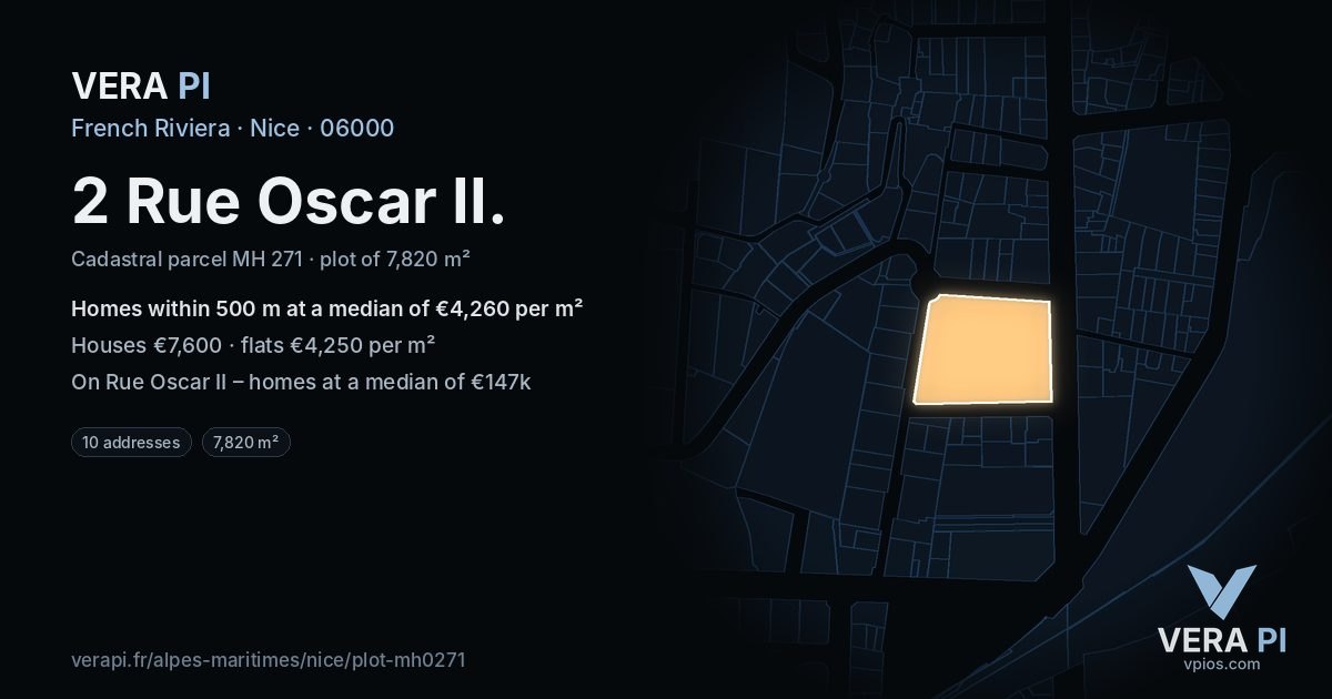 2 Rue Oscar II, Nice at night – the plot lit, the parcels around coloured by the prices near them