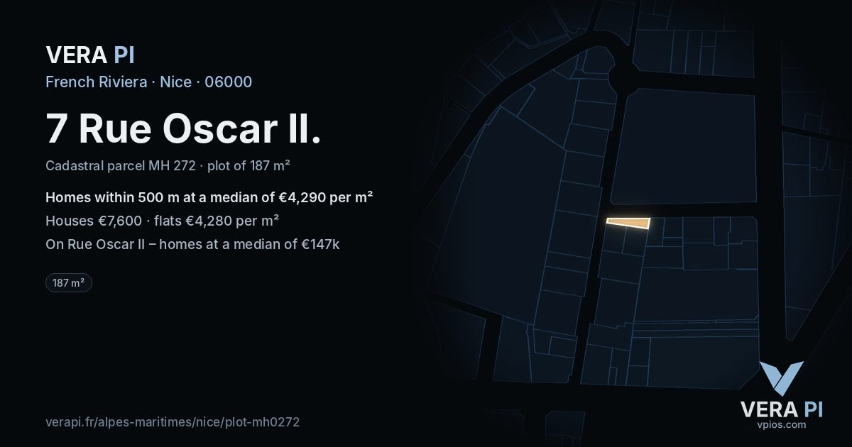 7 Rue Oscar II, Nice at night – the plot lit, the parcels around coloured by the prices near them