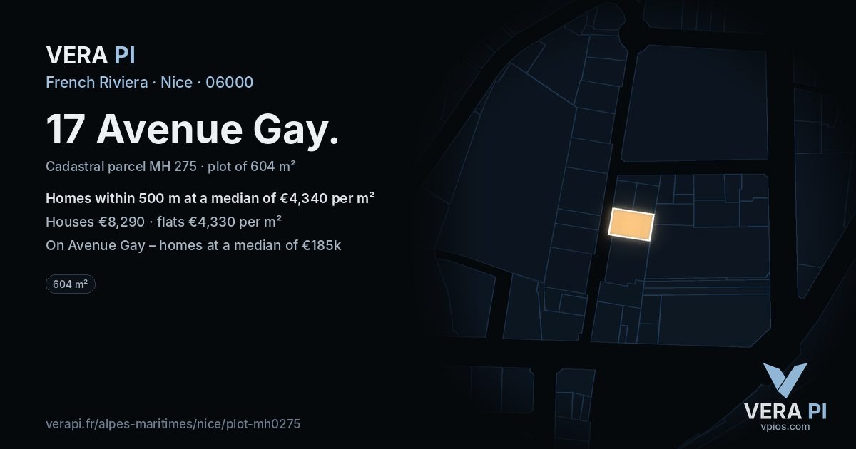 17 Avenue Gay, Nice at night – the plot lit, the parcels around coloured by the prices near them