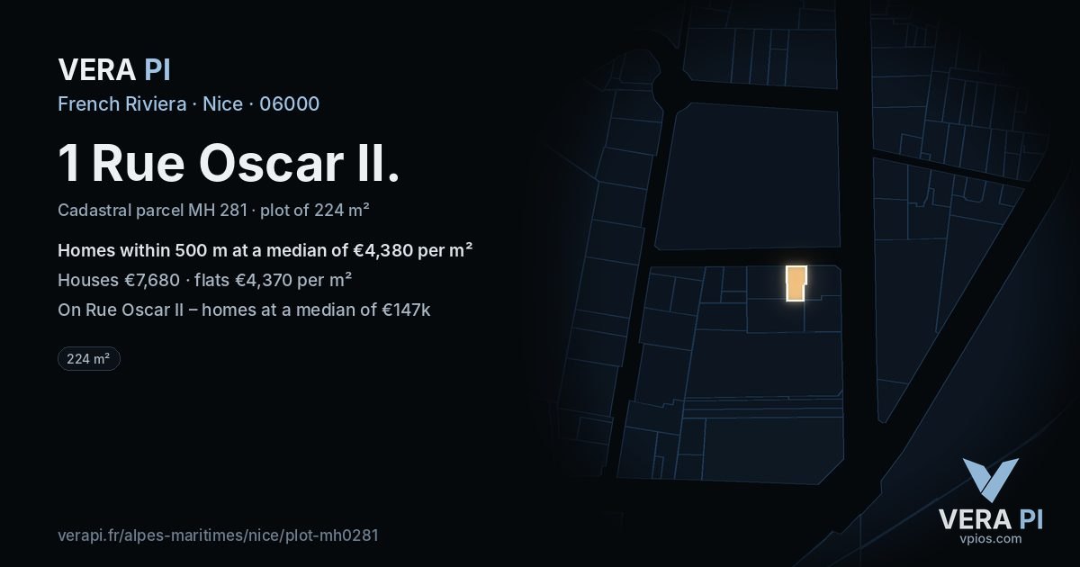1 Rue Oscar II, Nice at night – the plot lit, the parcels around coloured by the prices near them
