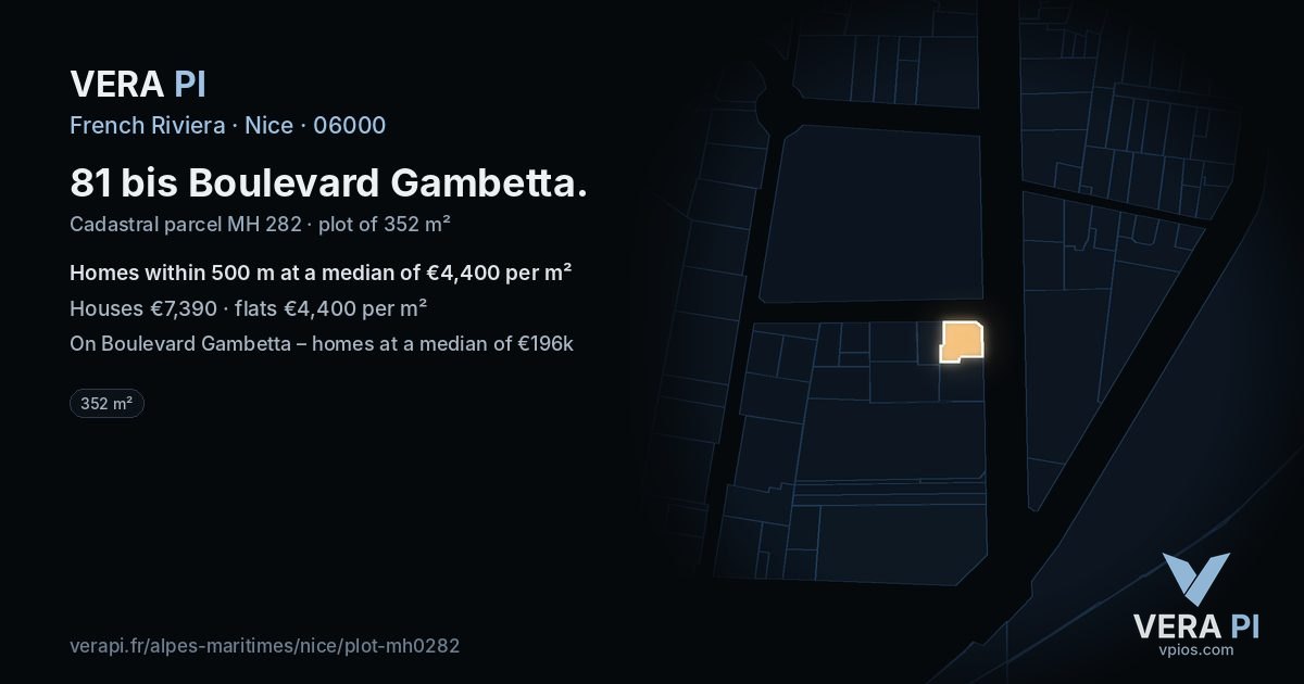 81 bis Boulevard Gambetta, Nice at night – the plot lit, the parcels around coloured by the prices near them