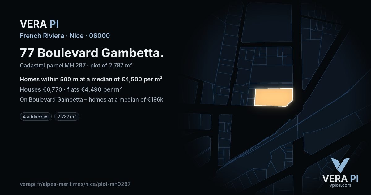 77 Boulevard Gambetta, Nice at night – the plot lit, the parcels around coloured by the prices near them