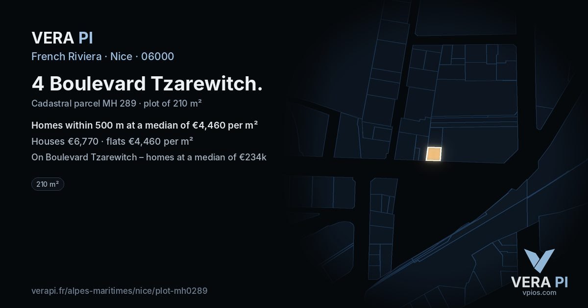 4 Boulevard Tzarewitch, Nice at night – the plot lit, the parcels around coloured by the prices near them