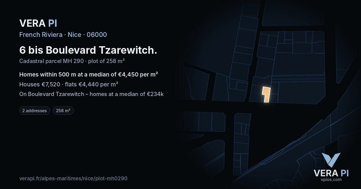6 bis Boulevard Tzarewitch, Nice at night – the plot lit, the parcels around coloured by the prices near them