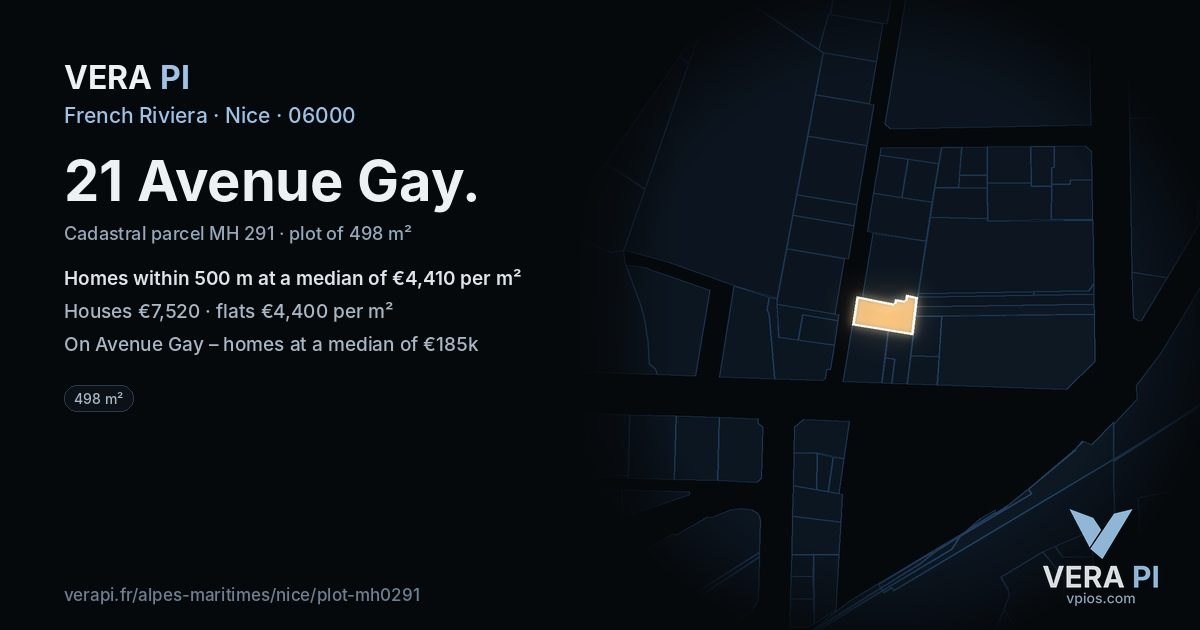 21 Avenue Gay, Nice at night – the plot lit, the parcels around coloured by the prices near them