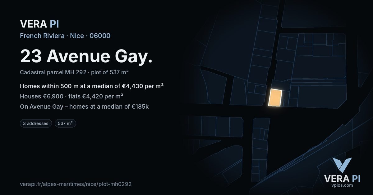 23 Avenue Gay, Nice at night – the plot lit, the parcels around coloured by the prices near them