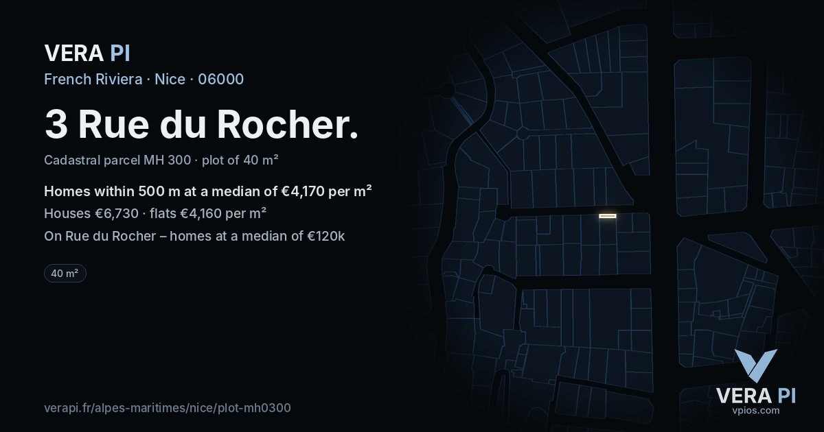 3 Rue du Rocher, Nice at night – the plot lit, the parcels around coloured by the prices near them