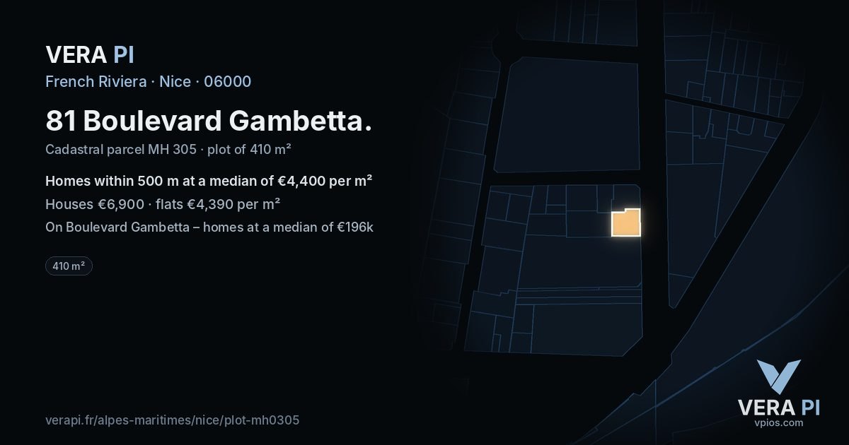 81 Boulevard Gambetta, Nice at night – the plot lit, the parcels around coloured by the prices near them