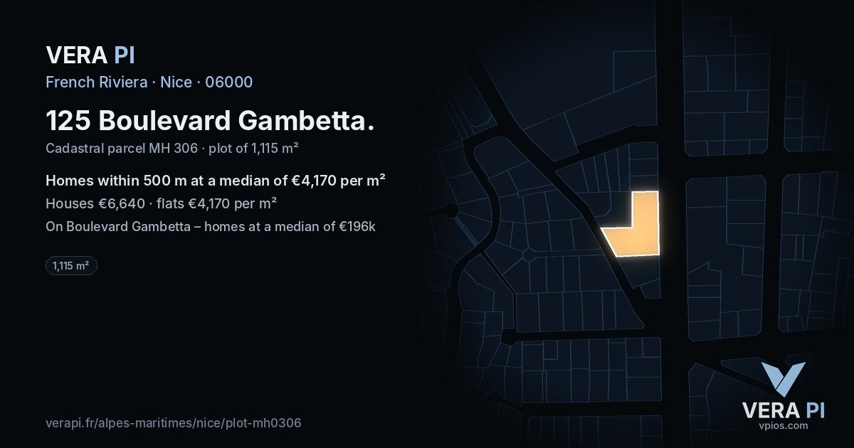 125 Boulevard Gambetta, Nice at night – the plot lit, the parcels around coloured by the prices near them