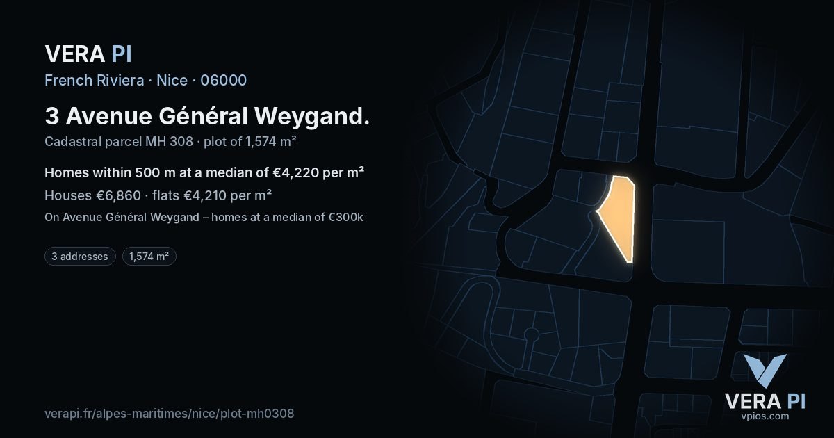 3 Avenue Général Weygand, Nice at night – the plot lit, the parcels around coloured by the prices near them