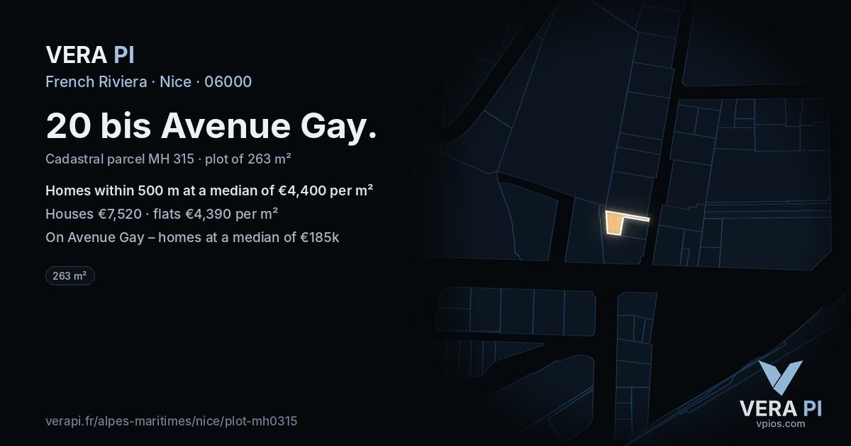 20 bis Avenue Gay, Nice at night – the plot lit, the parcels around coloured by the prices near them