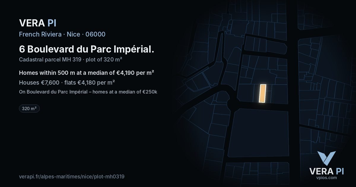 6 Boulevard du Parc Impérial, Nice at night – the plot lit, the parcels around coloured by the prices near them