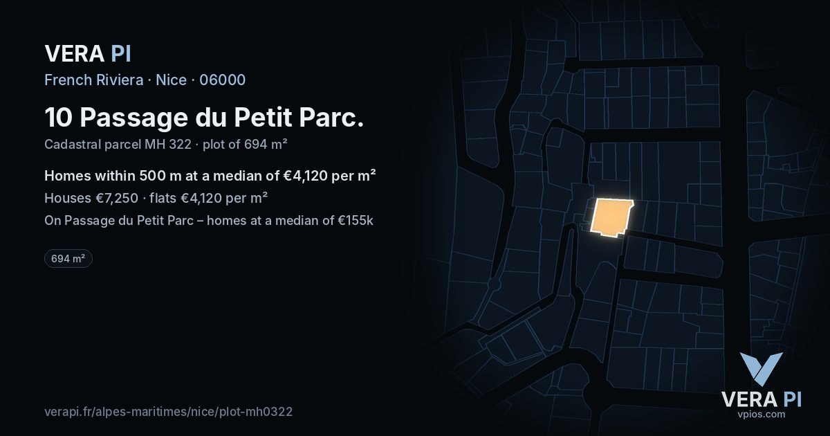 10 Passage du Petit Parc, Nice at night – the plot lit, the parcels around coloured by the prices near them