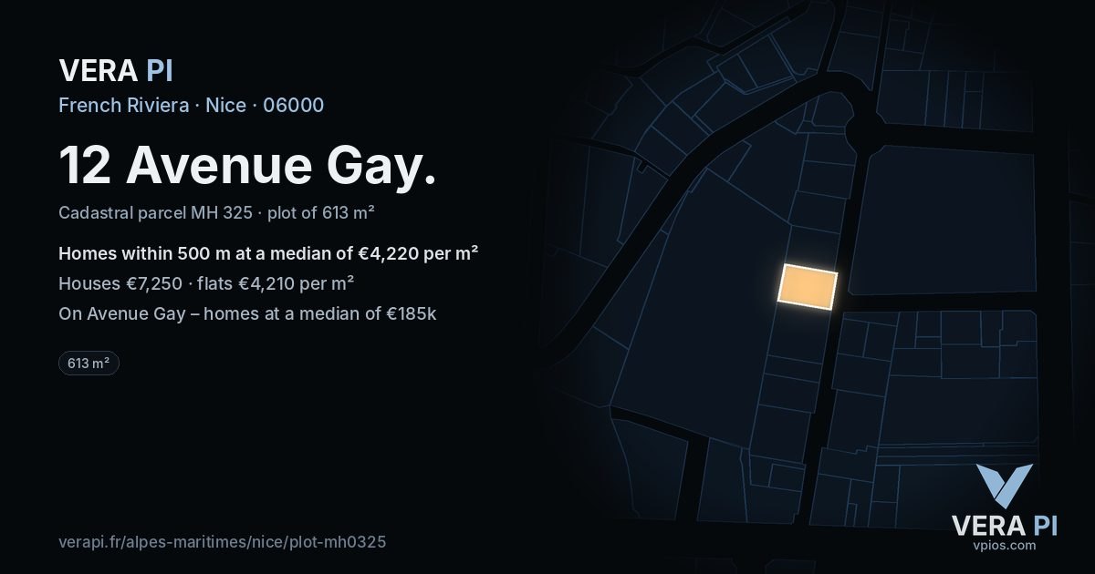 12 Avenue Gay, Nice at night – the plot lit, the parcels around coloured by the prices near them