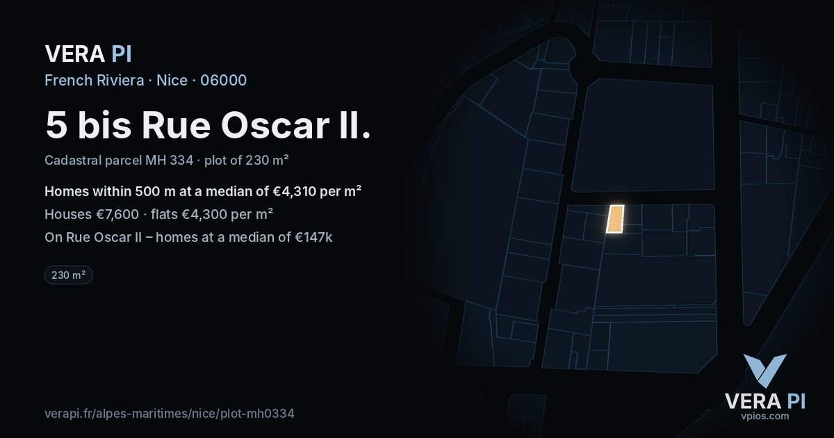 5 bis Rue Oscar II, Nice at night – the plot lit, the parcels around coloured by the prices near them
