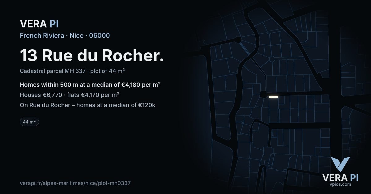 13 Rue du Rocher, Nice at night – the plot lit, the parcels around coloured by the prices near them