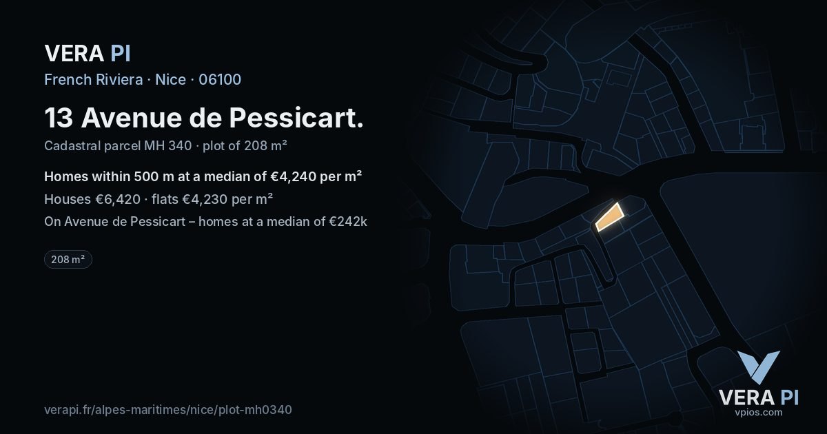 13 Avenue de Pessicart, Nice at night – the plot lit, the parcels around coloured by the prices near them