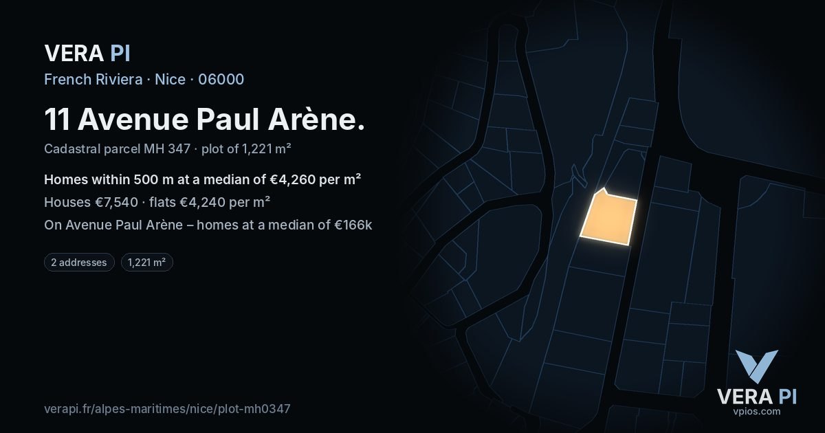 11 Avenue Paul Arène, Nice at night – the plot lit, the parcels around coloured by the prices near them