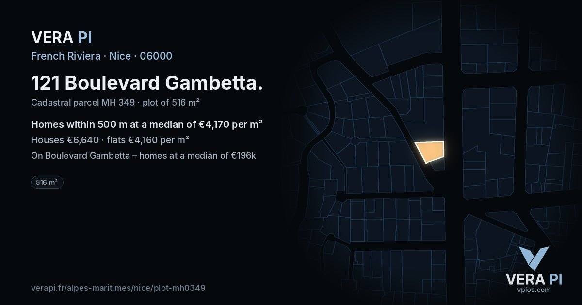 121 Boulevard Gambetta, Nice at night – the plot lit, the parcels around coloured by the prices near them
