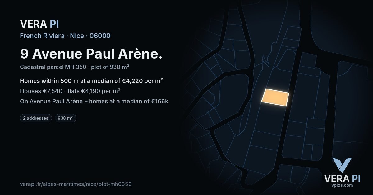 9 Avenue Paul Arène, Nice at night – the plot lit, the parcels around coloured by the prices near them