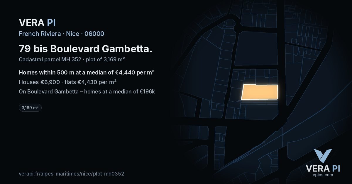 79 bis Boulevard Gambetta, Nice at night – the plot lit, the parcels around coloured by the prices near them