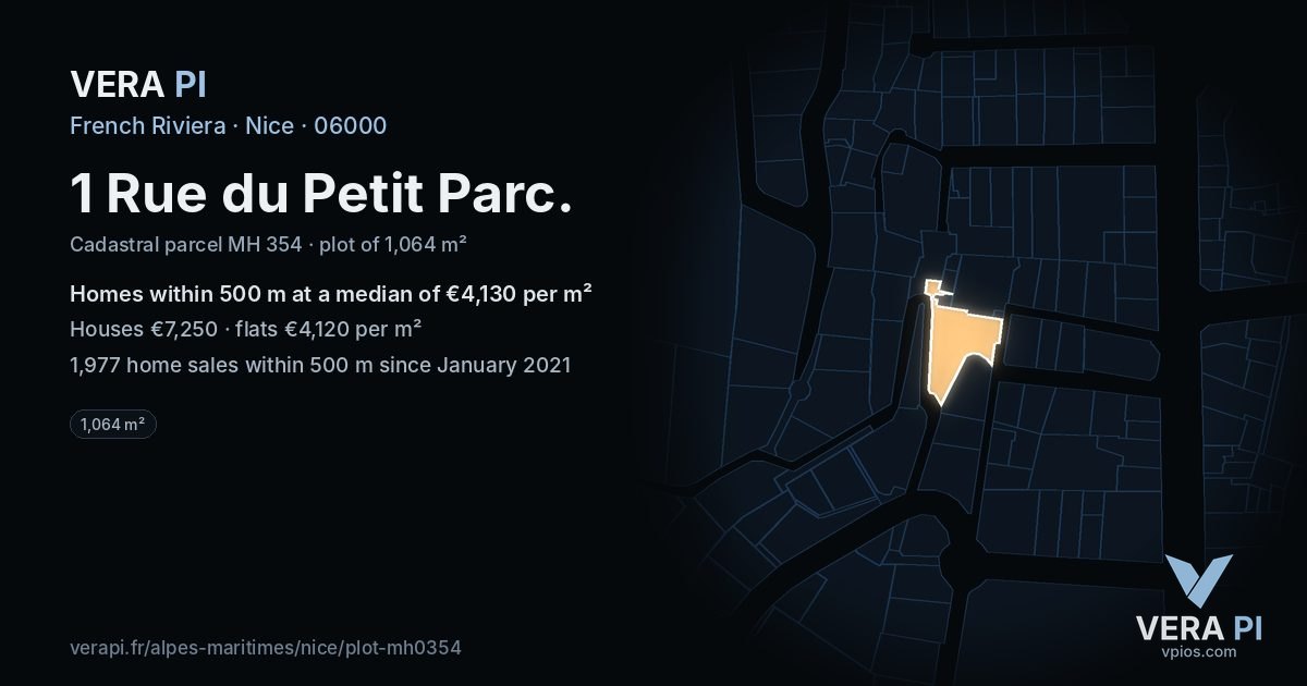 1 Rue du Petit Parc, Nice at night – the plot lit, the parcels around coloured by the prices near them