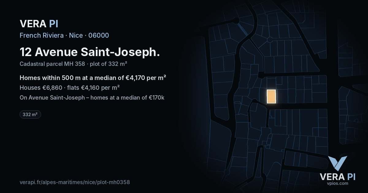 12 Avenue Saint-Joseph, Nice at night – the plot lit, the parcels around coloured by the prices near them