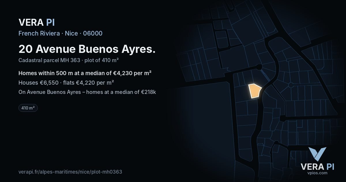 20 Avenue Buenos Ayres, Nice at night – the plot lit, the parcels around coloured by the prices near them