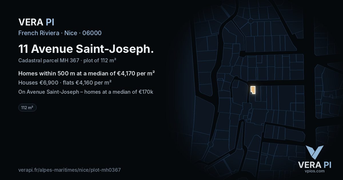 11 Avenue Saint-Joseph, Nice at night – the plot lit, the parcels around coloured by the prices near them