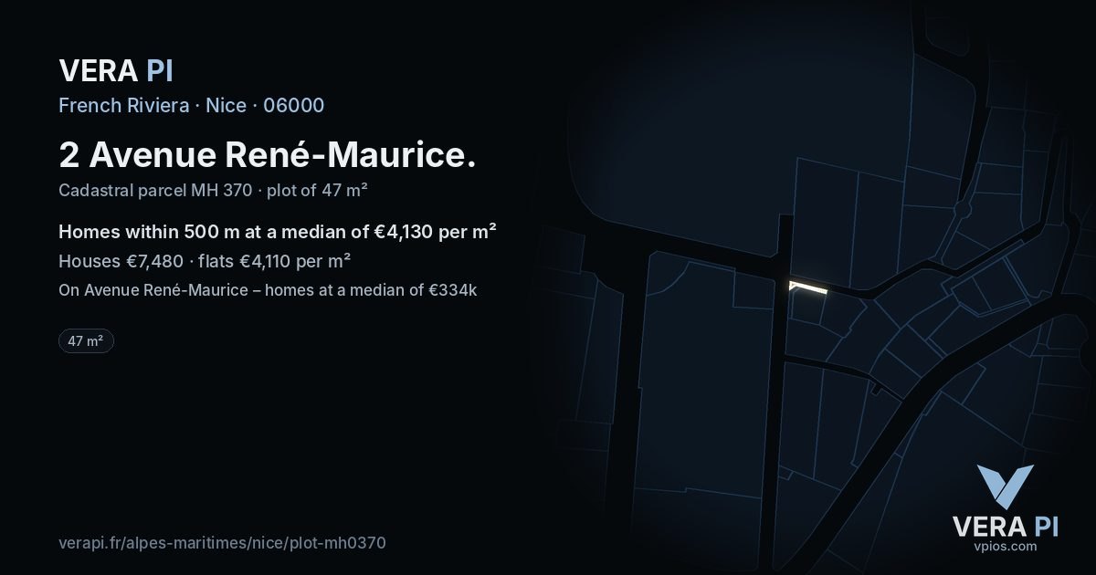 2 Avenue René-Maurice, Nice at night – the plot lit, the parcels around coloured by the prices near them
