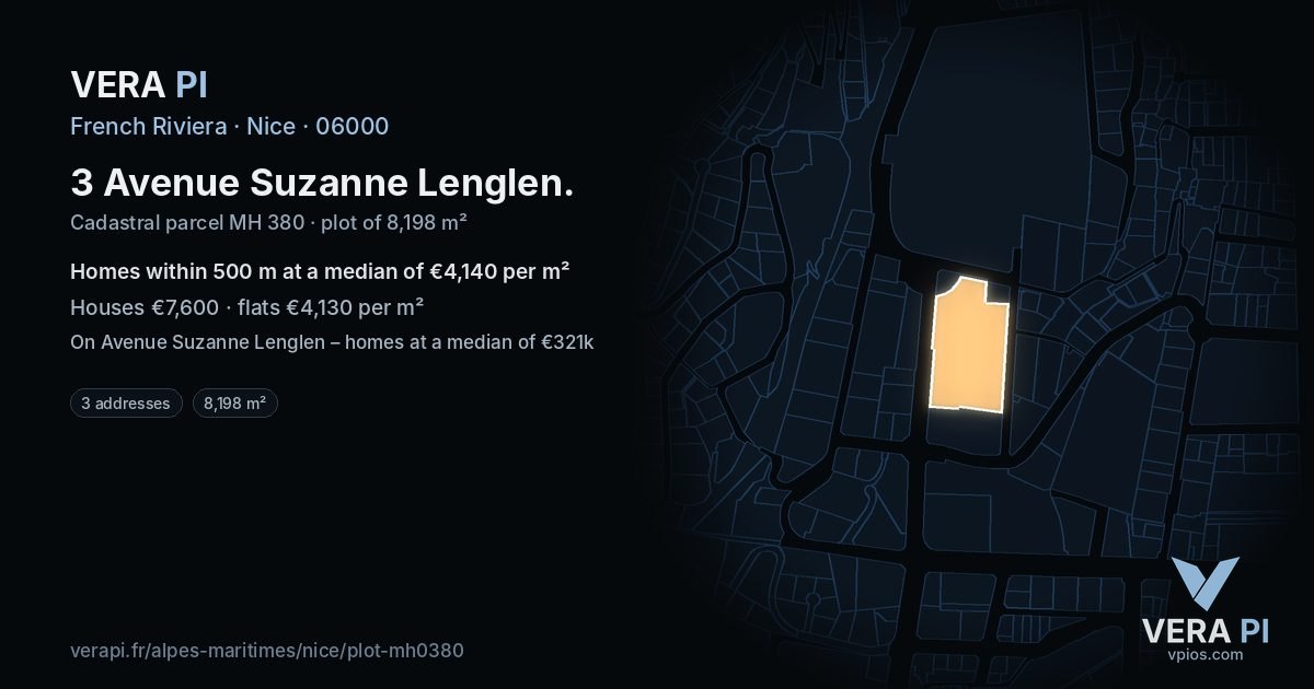 3 Avenue Suzanne Lenglen, Nice at night – the plot lit, the parcels around coloured by the prices near them