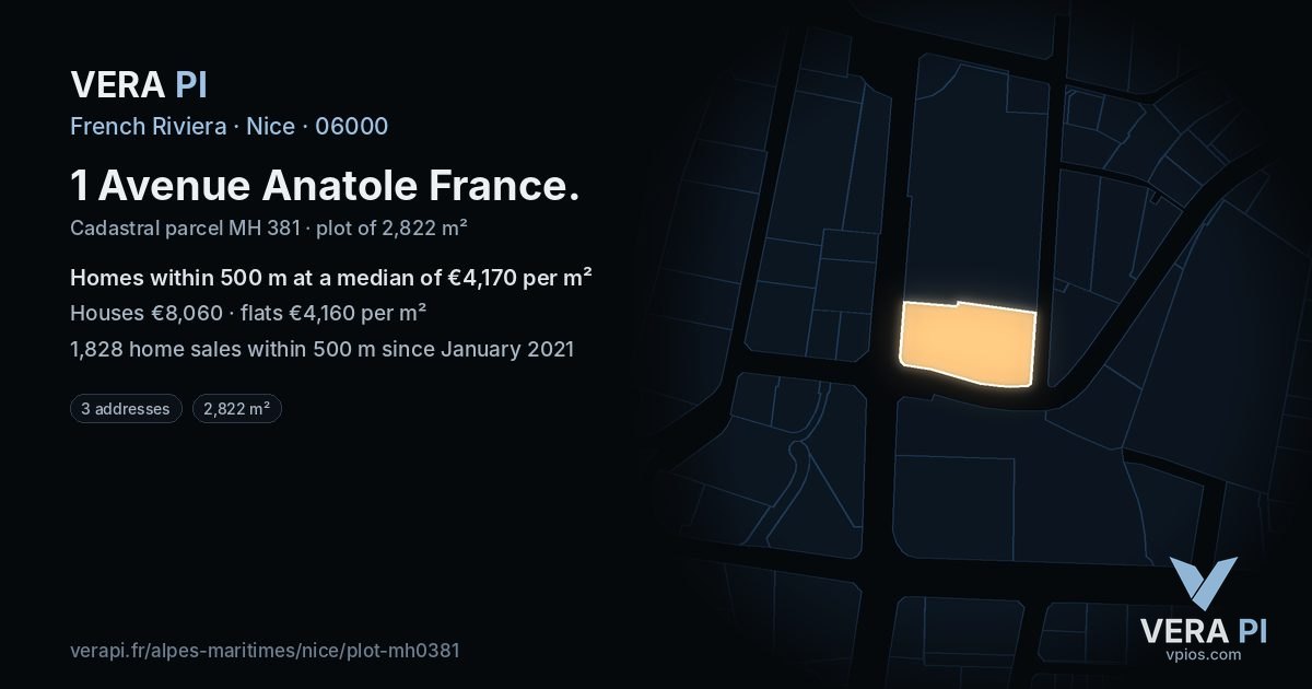 1 Avenue Anatole France, Nice at night – the plot lit, the parcels around coloured by the prices near them