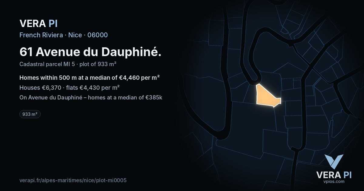 61 Avenue du Dauphiné, Nice at night – the plot lit, the parcels around coloured by the prices near them