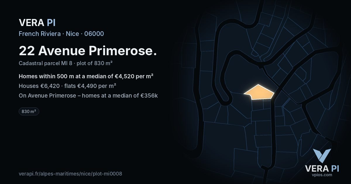 22 Avenue Primerose, Nice at night – the plot lit, the parcels around coloured by the prices near them