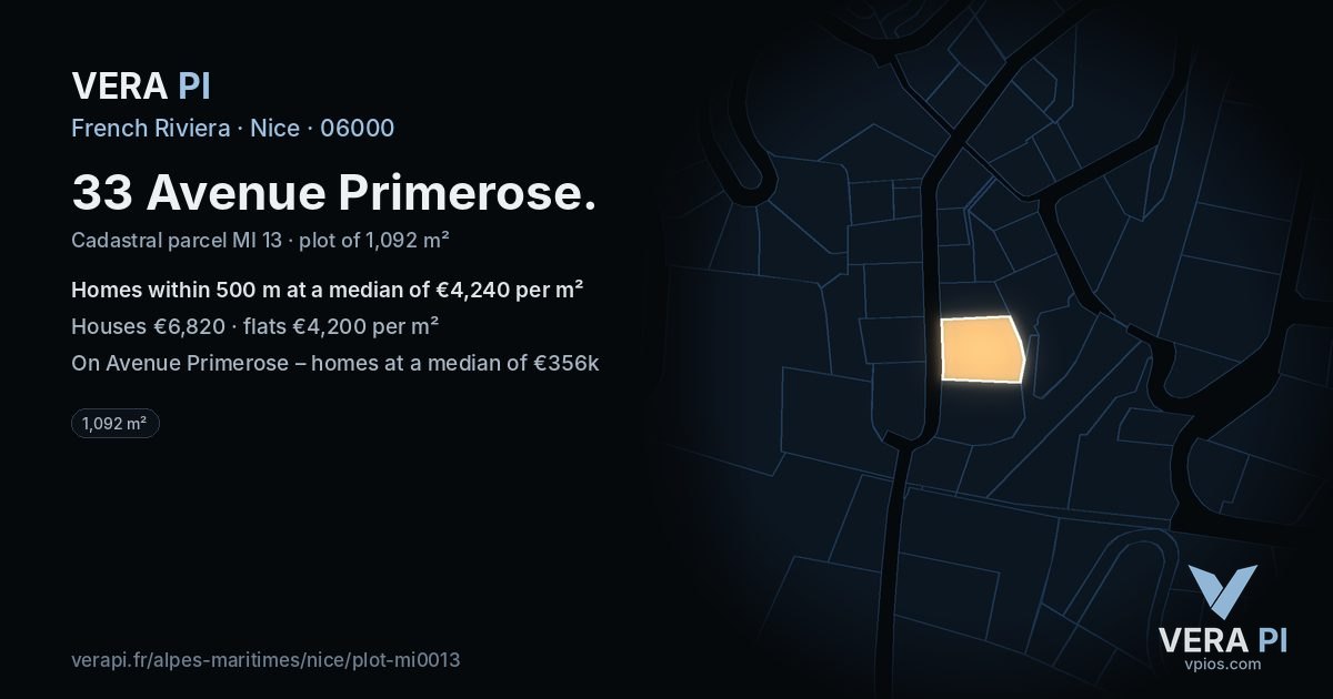 33 Avenue Primerose, Nice at night – the plot lit, the parcels around coloured by the prices near them