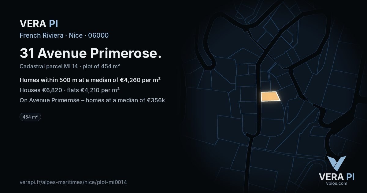 31 Avenue Primerose, Nice at night – the plot lit, the parcels around coloured by the prices near them