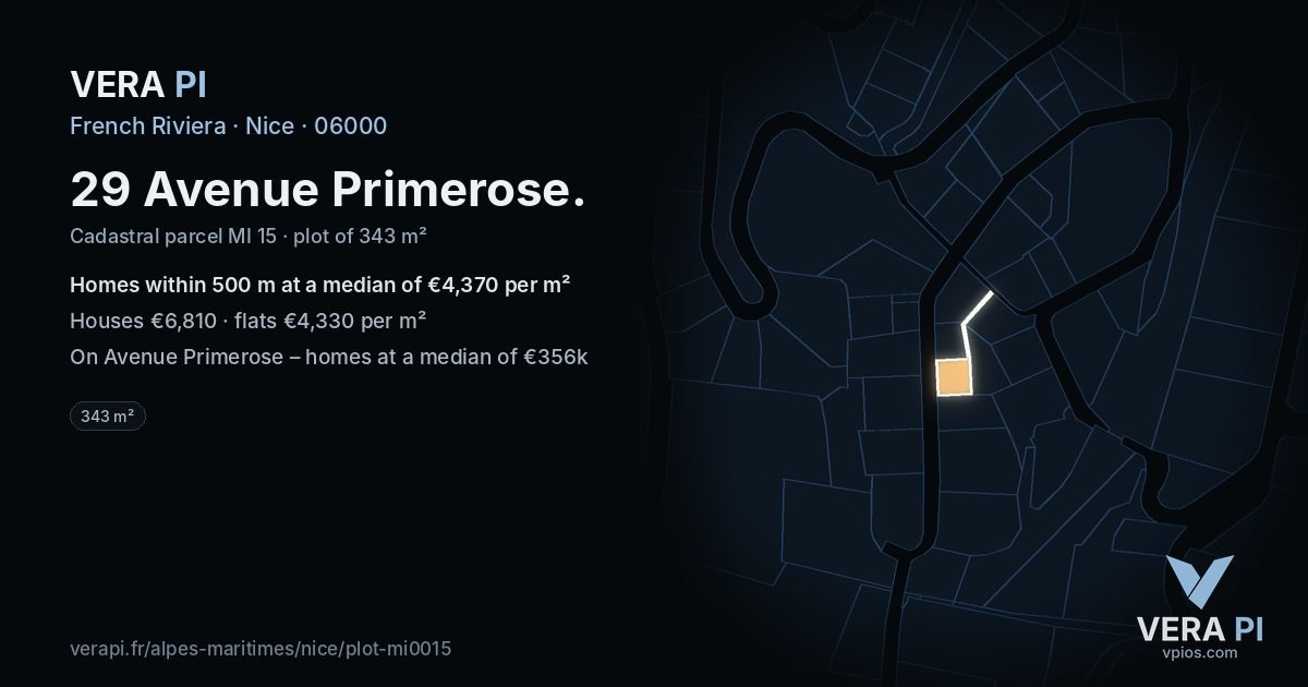 29 Avenue Primerose, Nice at night – the plot lit, the parcels around coloured by the prices near them