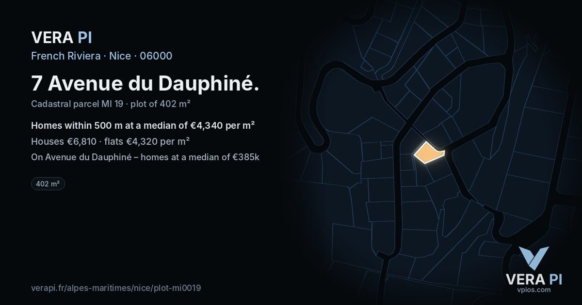 7 Avenue du Dauphiné, Nice at night – the plot lit, the parcels around coloured by the prices near them