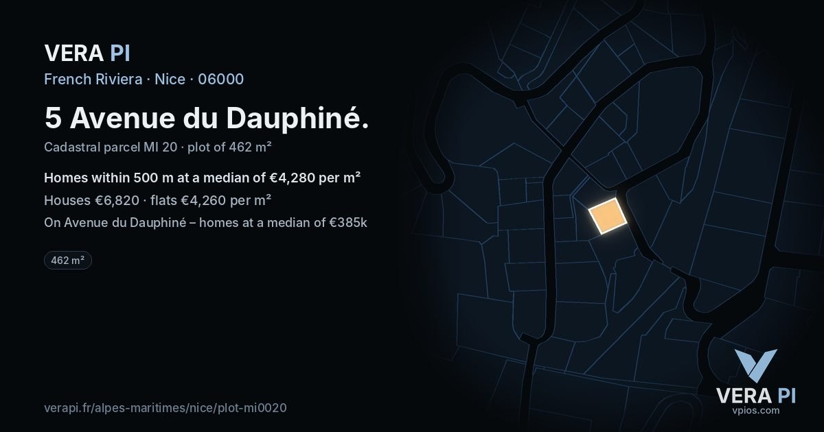 5 Avenue du Dauphiné, Nice at night – the plot lit, the parcels around coloured by the prices near them