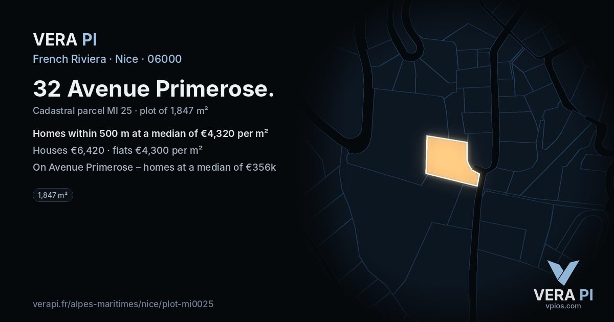 32 Avenue Primerose, Nice at night – the plot lit, the parcels around coloured by the prices near them
