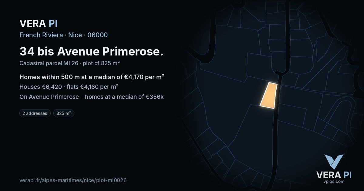 34 bis Avenue Primerose, Nice at night – the plot lit, the parcels around coloured by the prices near them
