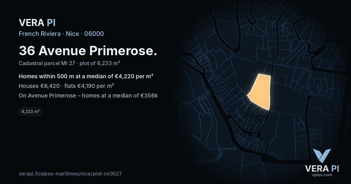 36 Avenue Primerose, Nice at night – the plot lit, the parcels around coloured by the prices near them