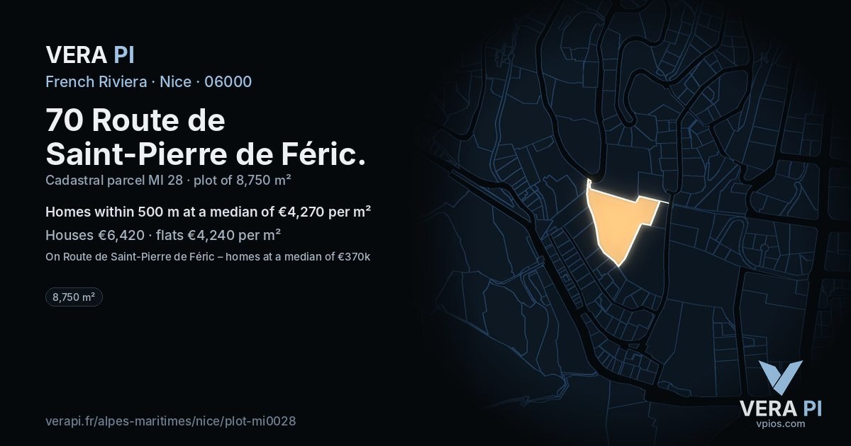 70 Route de Saint-Pierre de Féric, Nice at night – the plot lit, the parcels around coloured by the prices near them