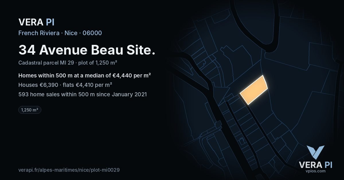 34 Avenue Beau Site, Nice at night – the plot lit, the parcels around coloured by the prices near them