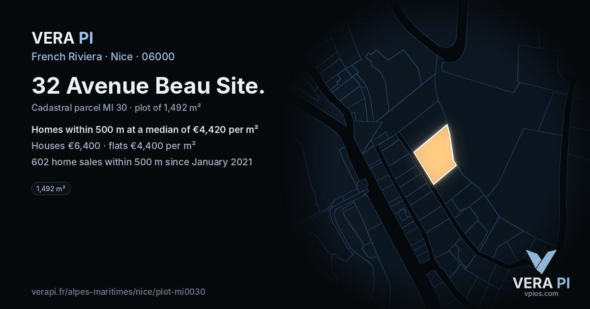 32 Avenue Beau Site, Nice at night – the plot lit, the parcels around coloured by the prices near them