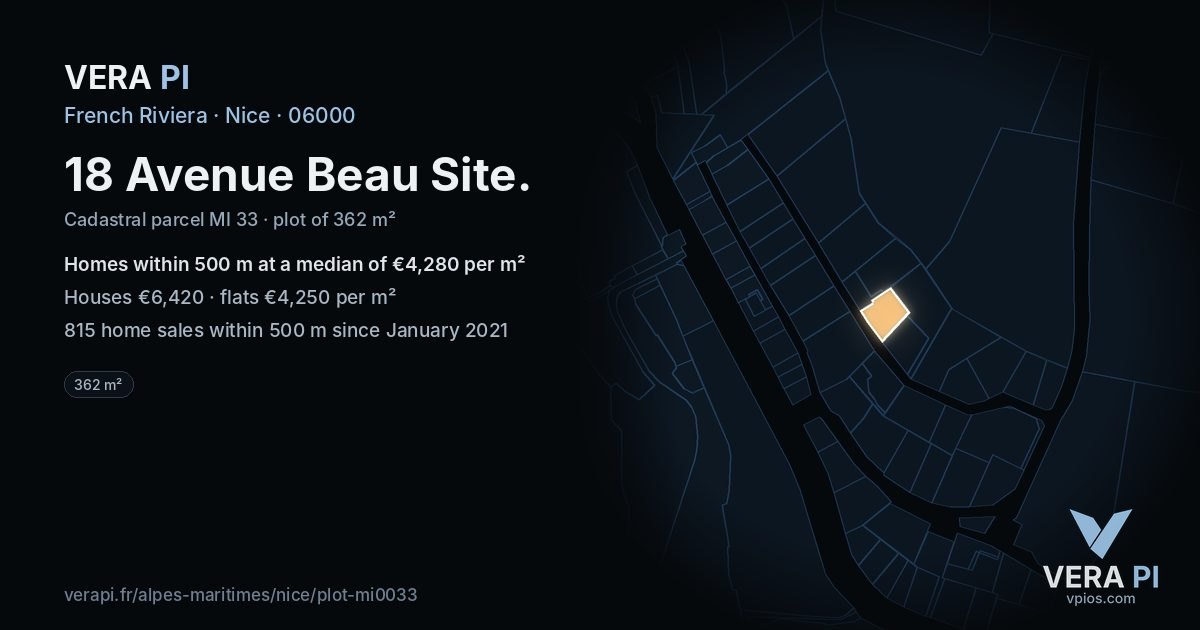 18 Avenue Beau Site, Nice at night – the plot lit, the parcels around coloured by the prices near them